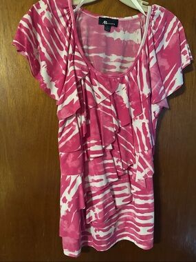 AB Studio Pink & White Ruffle Front Scoop Top